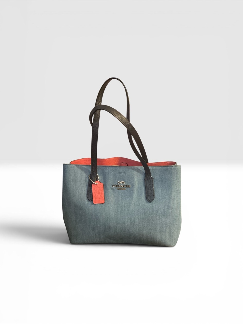 Coach Denim Tote with Coral Interior and Dark Brown Straps - Picture 2 of 3